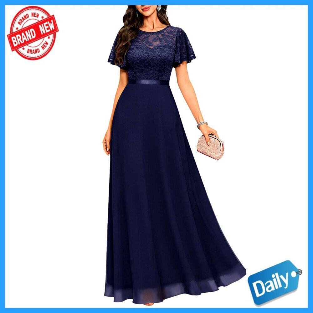 Formal Lace Maxi Dress with Ruffle Sleeves for Wedding Guest Prom Evening Gown
